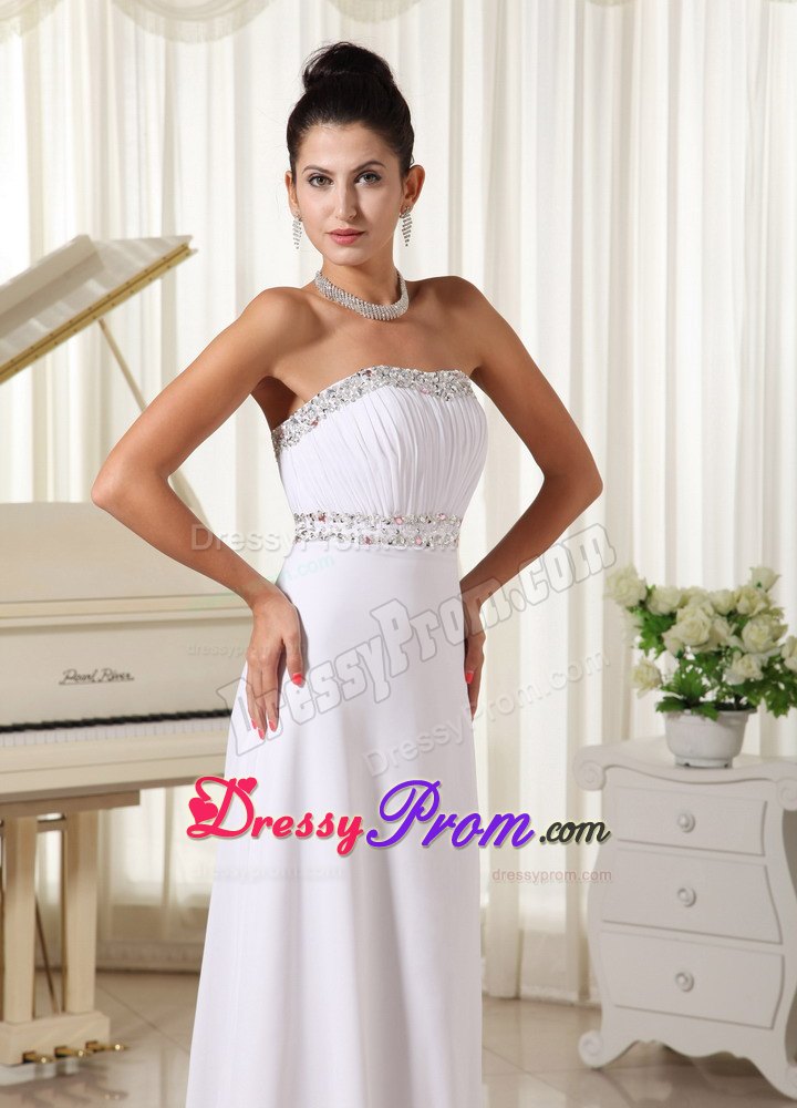 Ruched and Beaded White Strapless Prom Court Dresses Brush Train