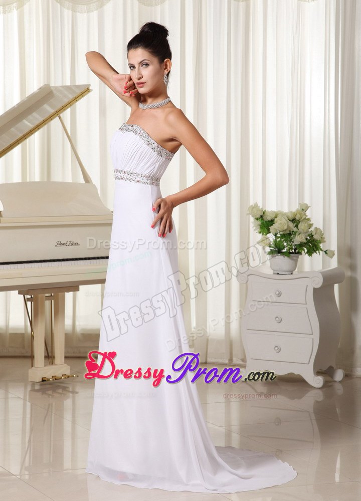 Ruched and Beaded White Strapless Prom Court Dresses Brush Train