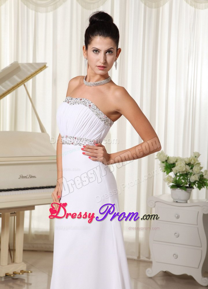 Ruched and Beaded White Strapless Prom Court Dresses Brush Train