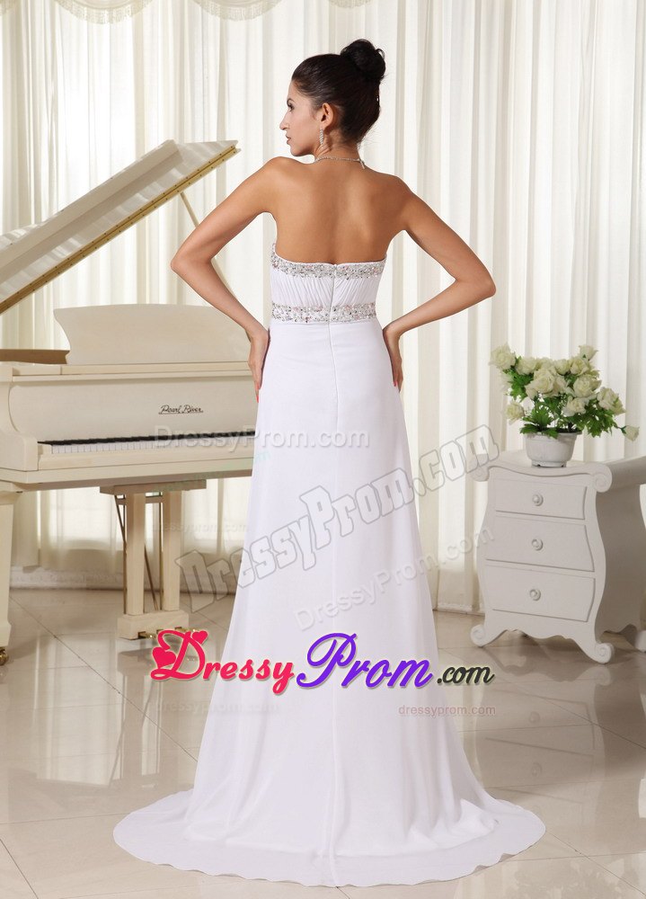 Ruched and Beaded White Strapless Prom Court Dresses Brush Train
