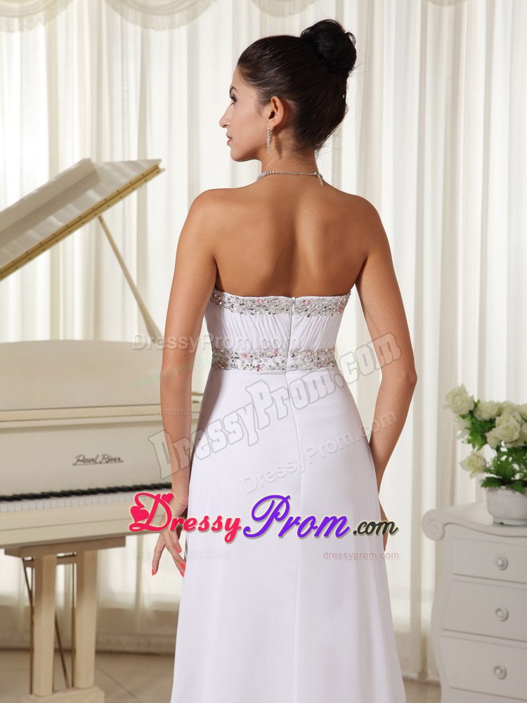 Ruched and Beaded White Strapless Prom Court Dresses Brush Train