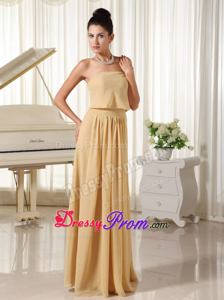 Wheat Colored Strapless Chiffon Prom Court Dresses of Floor Length