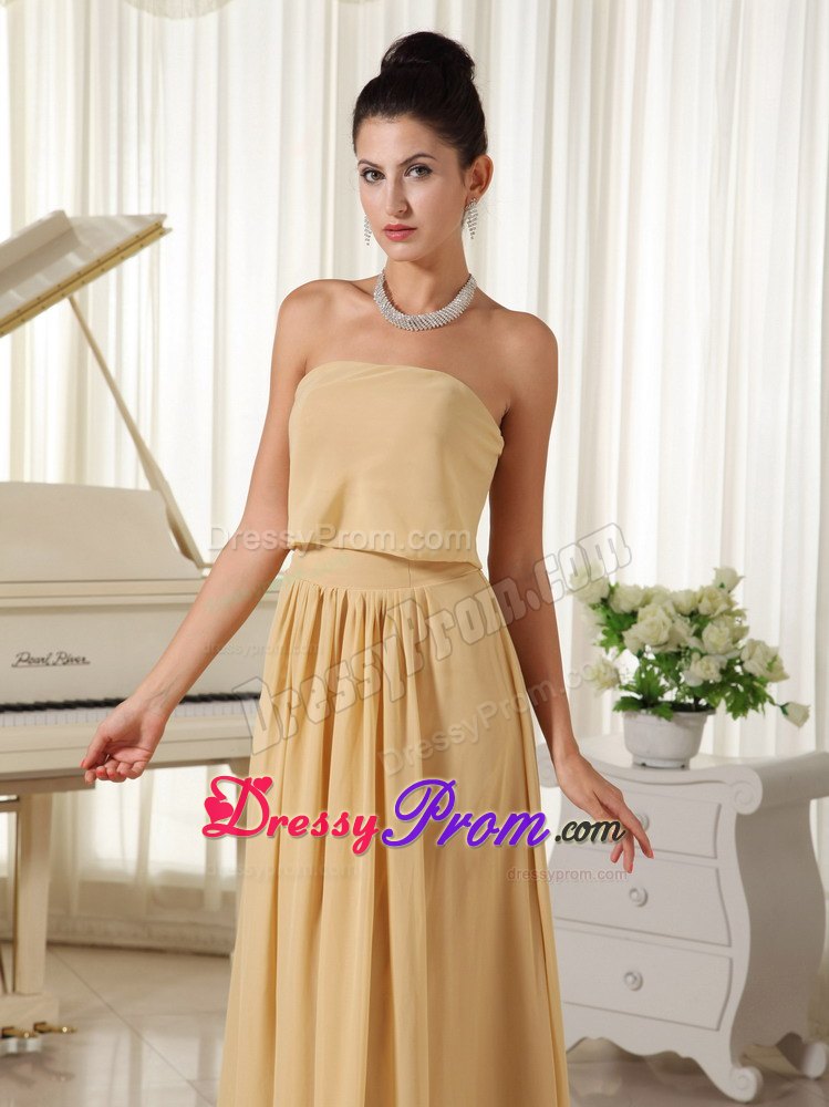 Wheat Colored Strapless Chiffon Prom Court Dresses of Floor Length