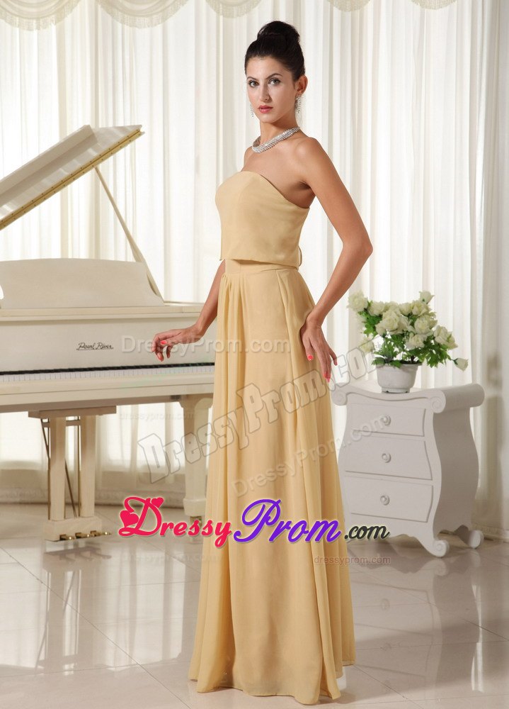 Wheat Colored Strapless Chiffon Prom Court Dresses of Floor Length