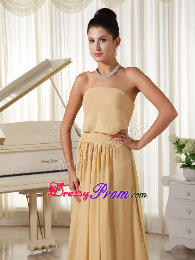 Wheat Colored Strapless Chiffon Prom Court Dresses of Floor Length