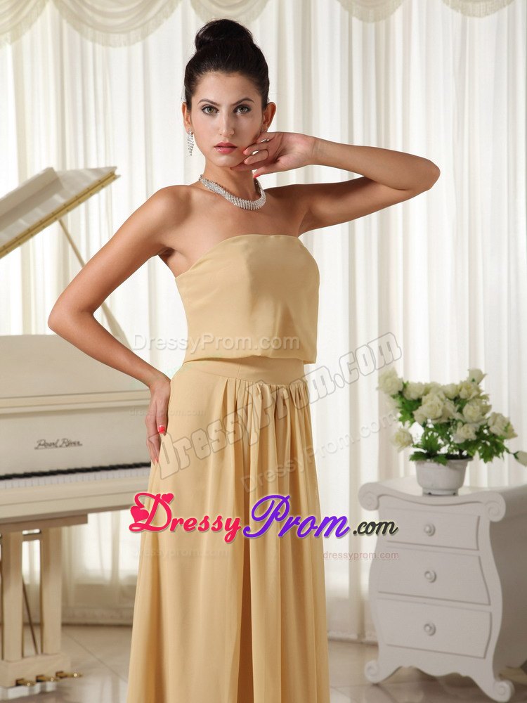 Wheat Colored Strapless Chiffon Prom Court Dresses of Floor Length
