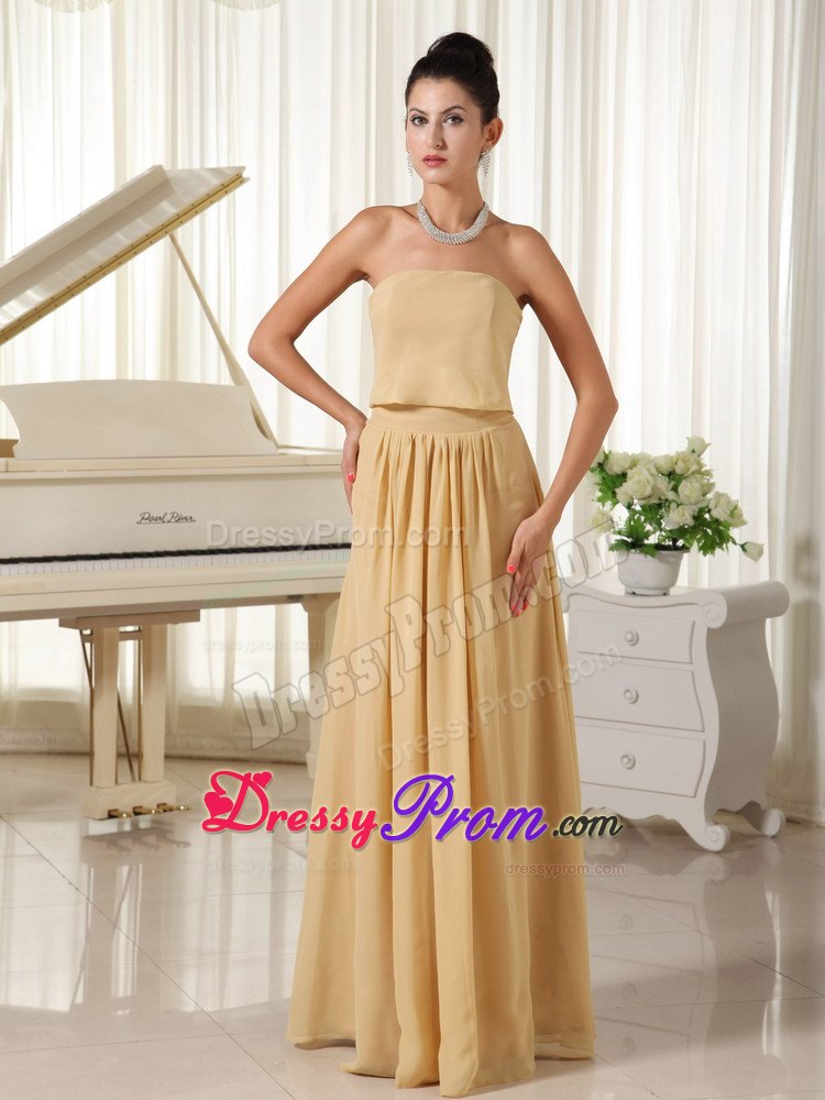 Wheat Colored Strapless Chiffon Prom Court Dresses of Floor Length