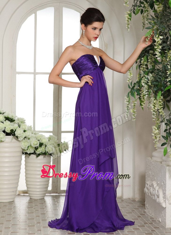 Eggplant Purple Empire Chiffon Prom Court Dresses with Slot Neckline