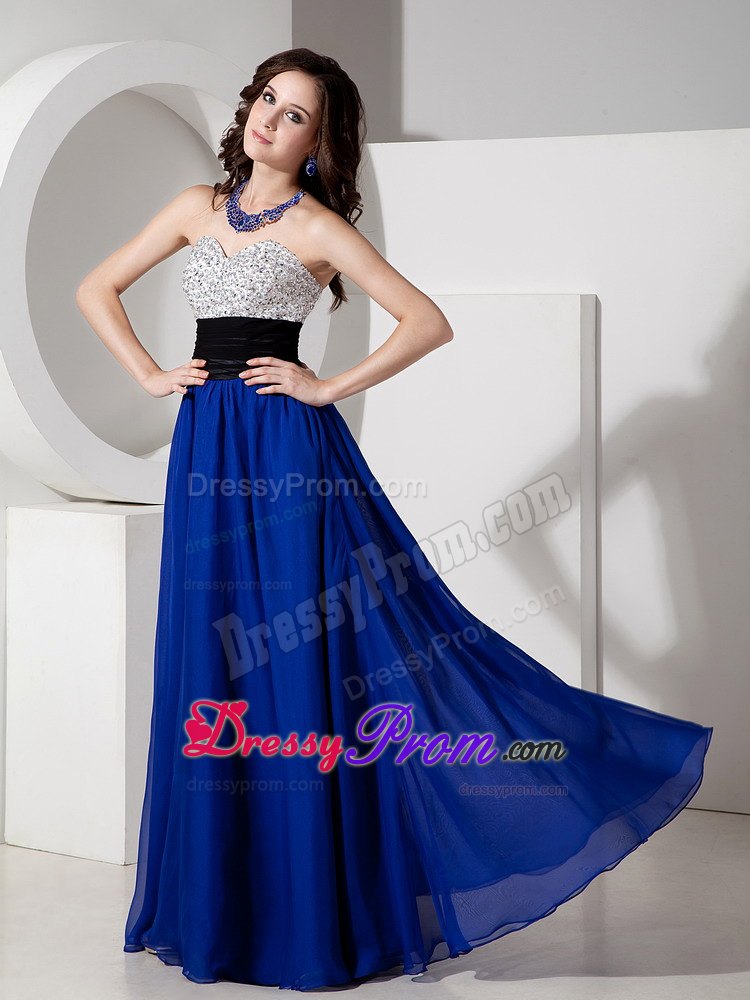 Beading Sash Accent Long Chiffon Dresses for Prom in Royal Blue