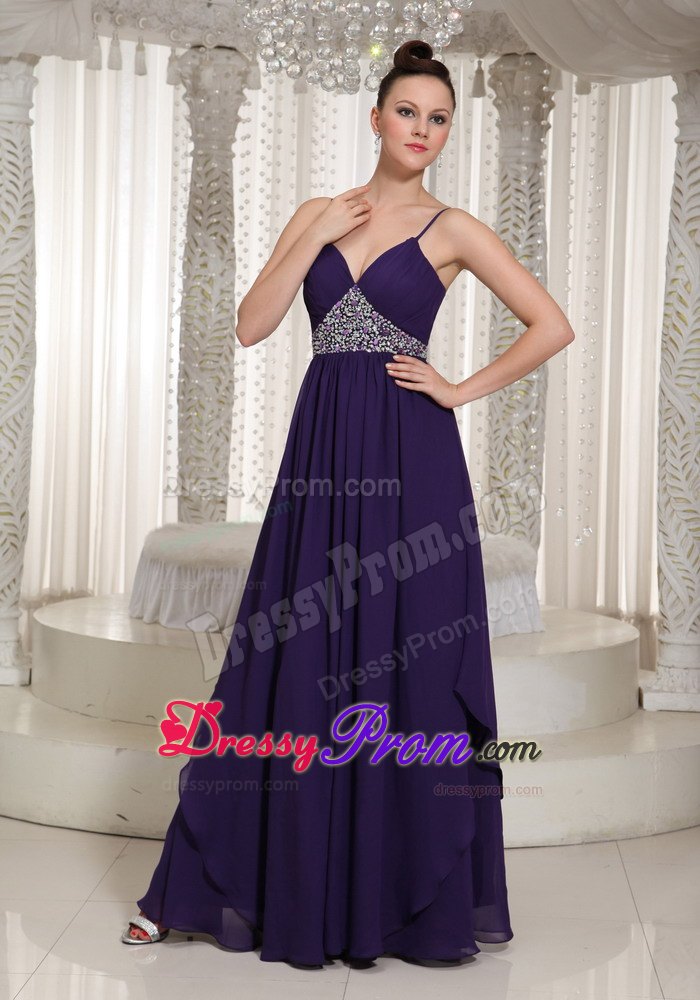 Beaded Dark Purple Floor Length Dress for Prom Princess with Straps