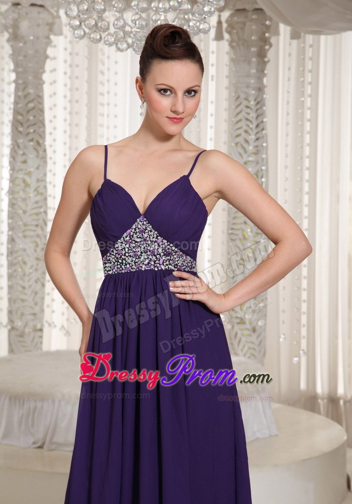 Beaded Dark Purple Floor Length Dress for Prom Princess with Straps