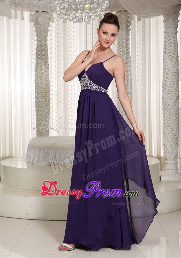 Beaded Dark Purple Floor Length Dress for Prom Princess with Straps