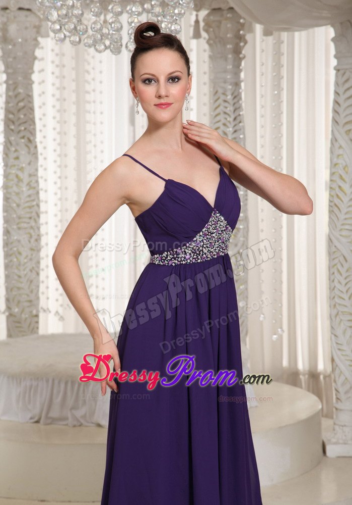 Beaded Dark Purple Floor Length Dress for Prom Princess with Straps