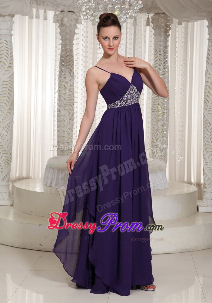 Beaded Dark Purple Floor Length Dress for Prom Princess with Straps