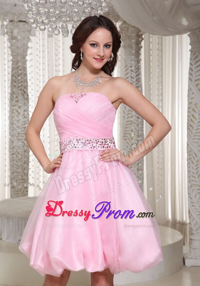 Ruched and Beaded Baby Pink Strapless Short Dress for Prom Queen