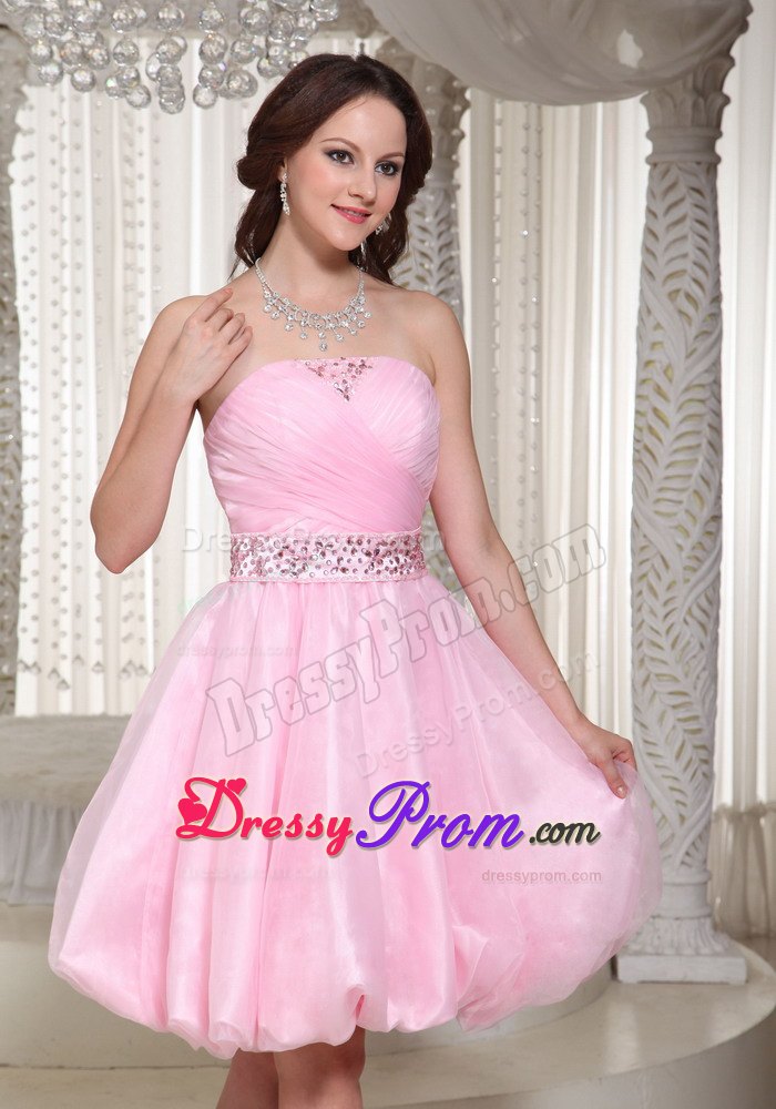 Ruched and Beaded Baby Pink Strapless Short Dress for Prom Queen
