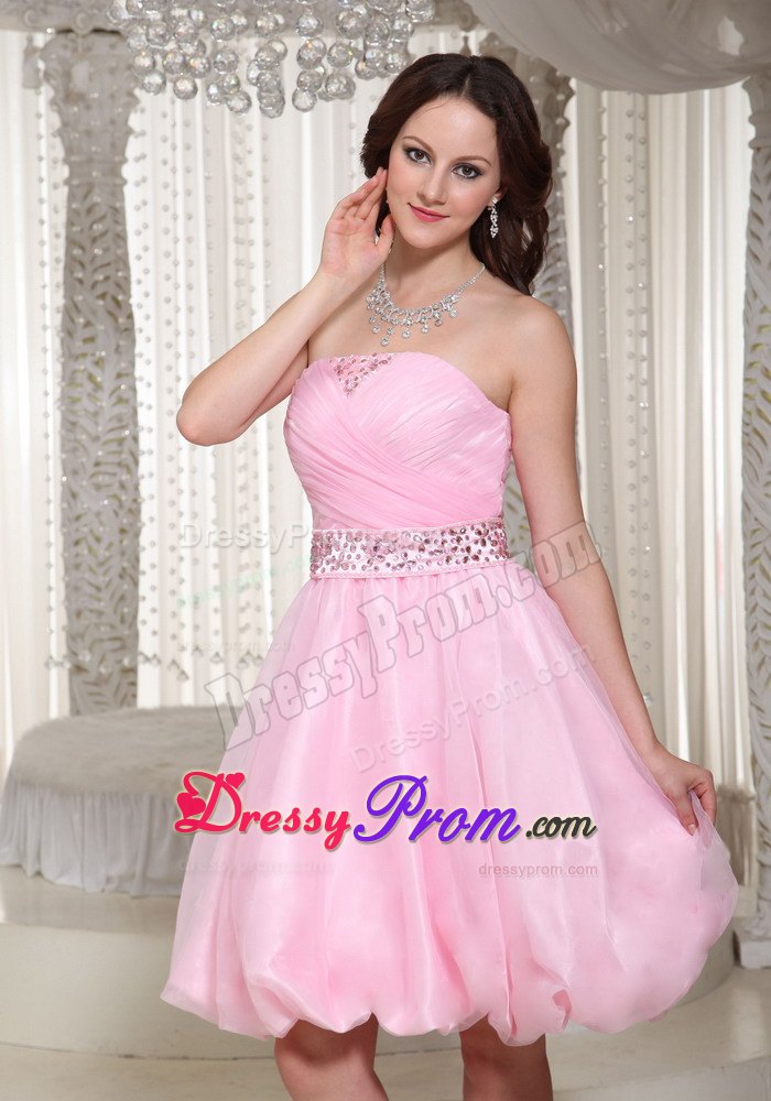 Ruched and Beaded Baby Pink Strapless Short Dress for Prom Queen