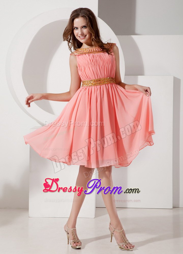 Beaded Bateau Watermelon Chiffon Knee Length Dress for Prom Queen