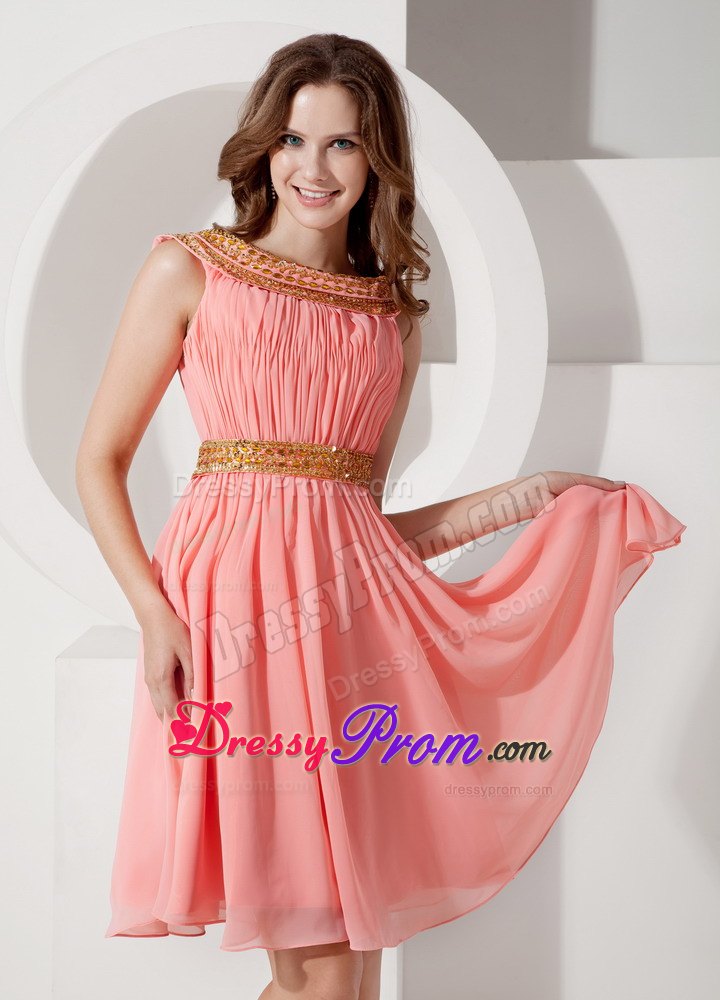Beaded Bateau Watermelon Chiffon Knee Length Dress for Prom Queen