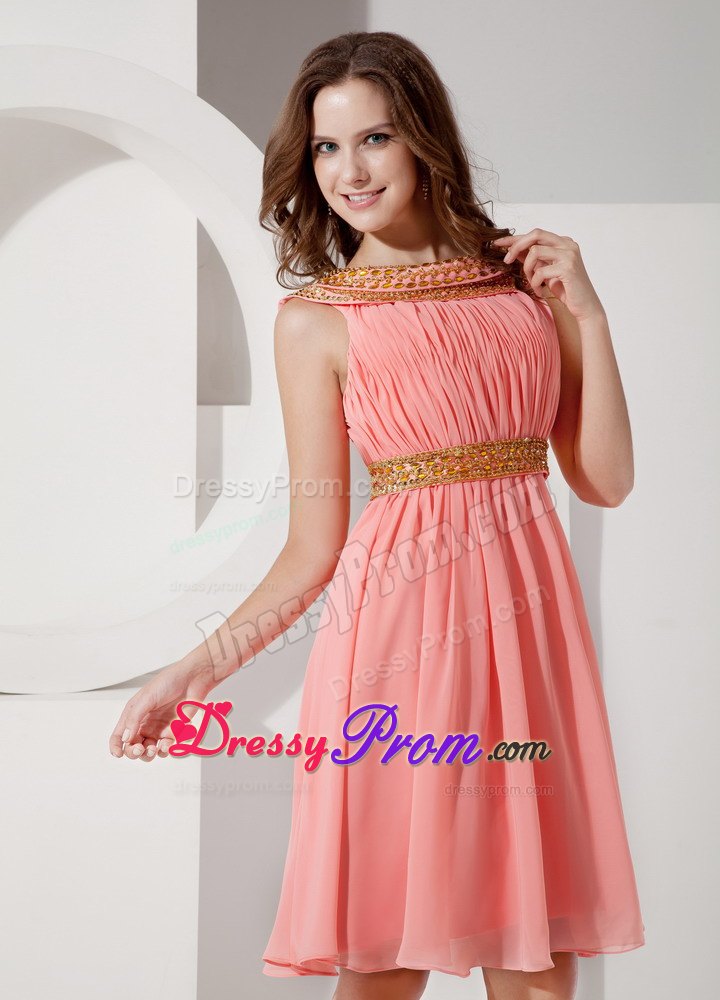 Beaded Bateau Watermelon Chiffon Knee Length Dress for Prom Queen