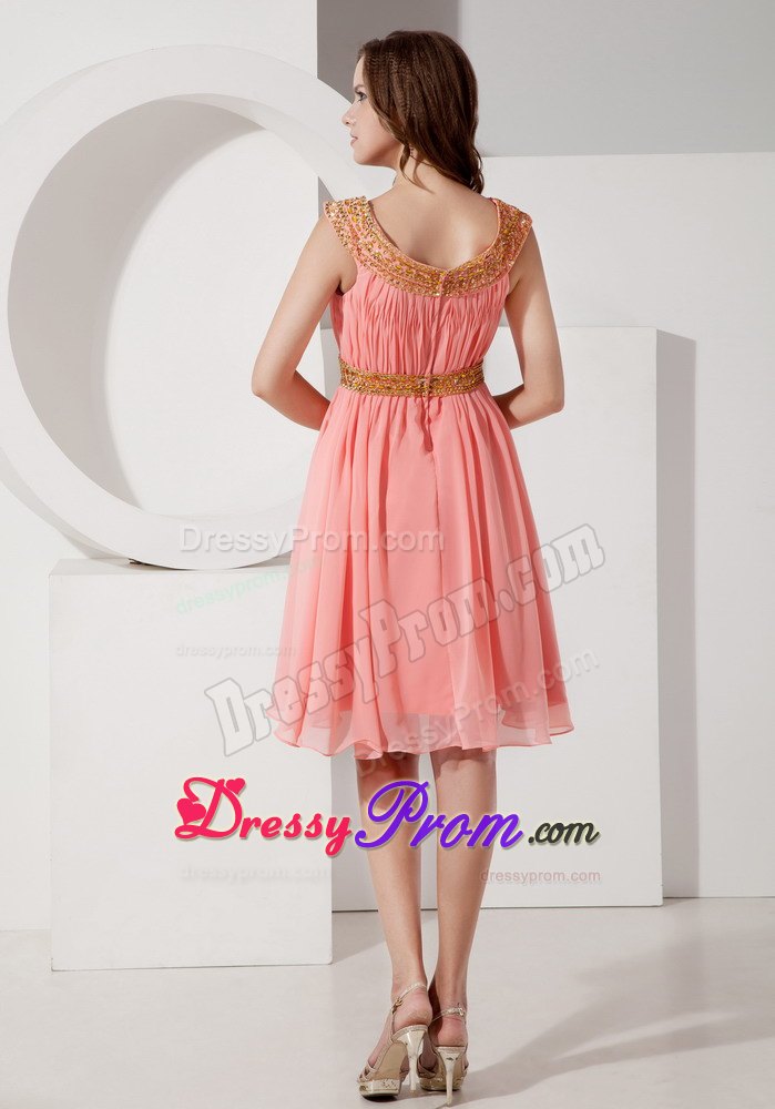 Beaded Bateau Watermelon Chiffon Knee Length Dress for Prom Queen