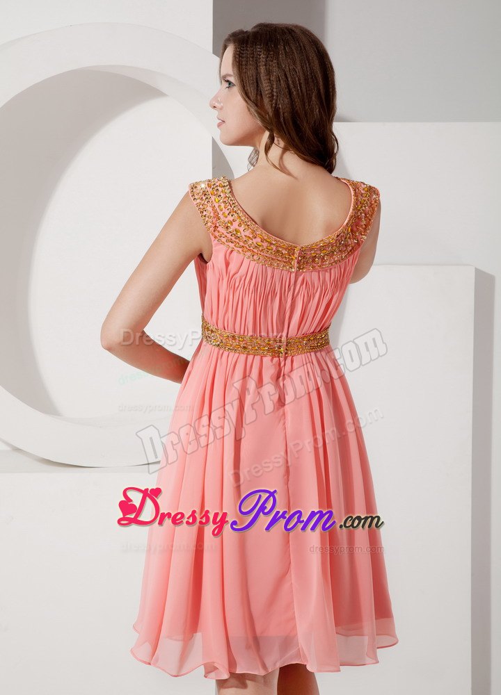 Beaded Bateau Watermelon Chiffon Knee Length Dress for Prom Queen