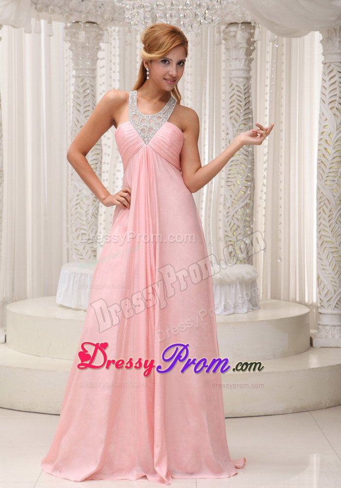 Beaded Scoop Neckline Bust Ruched Baby Pink Prom Dress