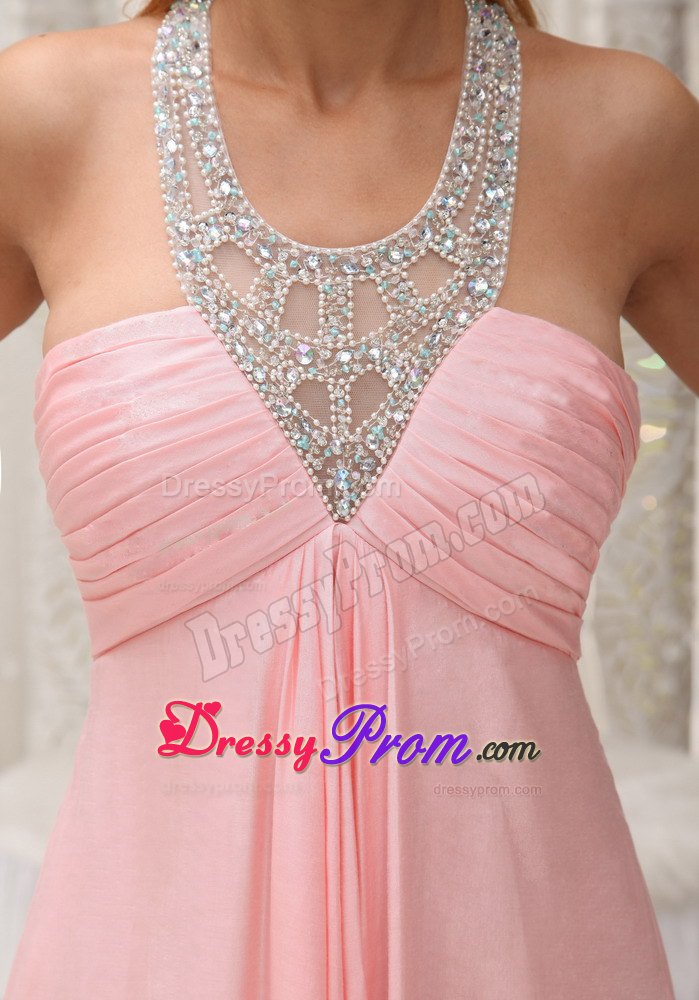 Beaded Scoop Neckline Bust Ruched Baby Pink Prom Dress