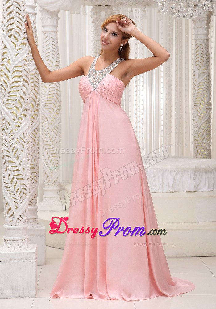 Beaded Scoop Neckline Bust Ruched Baby Pink Prom Dress