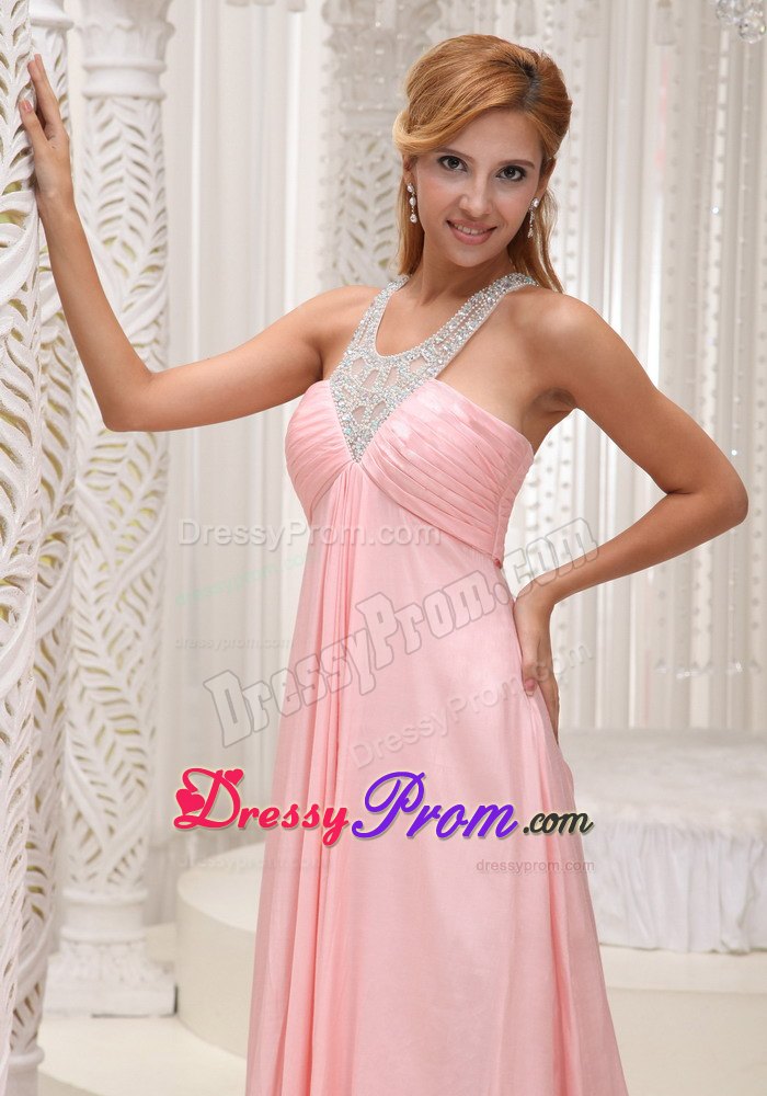 Beaded Scoop Neckline Bust Ruched Baby Pink Prom Dress