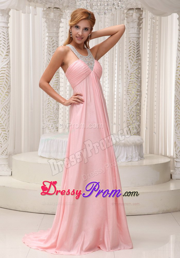 Beaded Scoop Neckline Bust Ruched Baby Pink Prom Dress