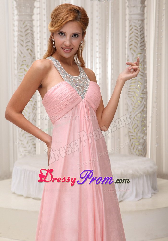 Beaded Scoop Neckline Bust Ruched Baby Pink Prom Dress