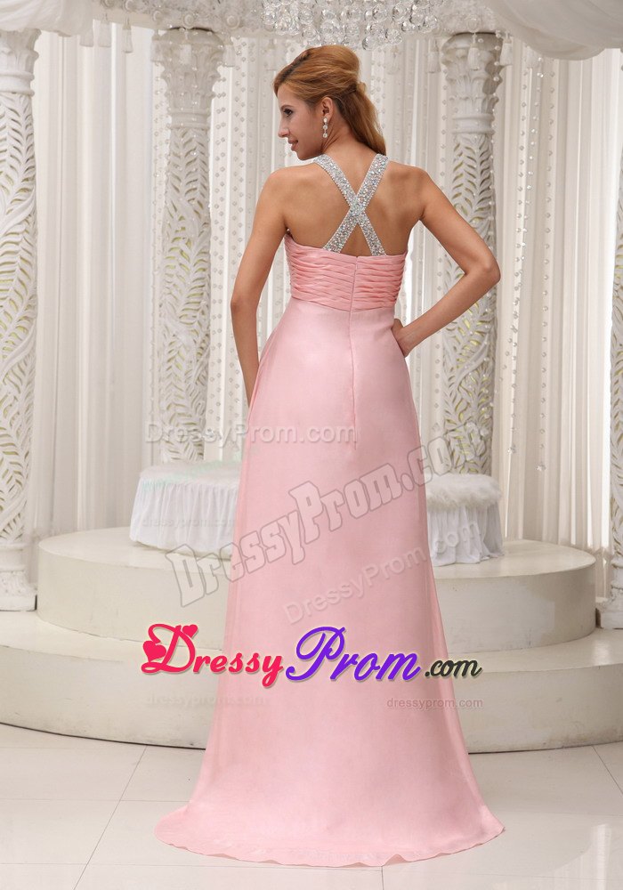 Beaded Scoop Neckline Bust Ruched Baby Pink Prom Dress