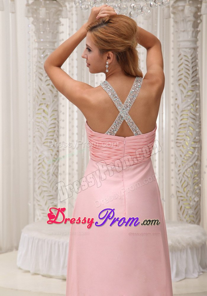 Beaded Scoop Neckline Bust Ruched Baby Pink Prom Dress