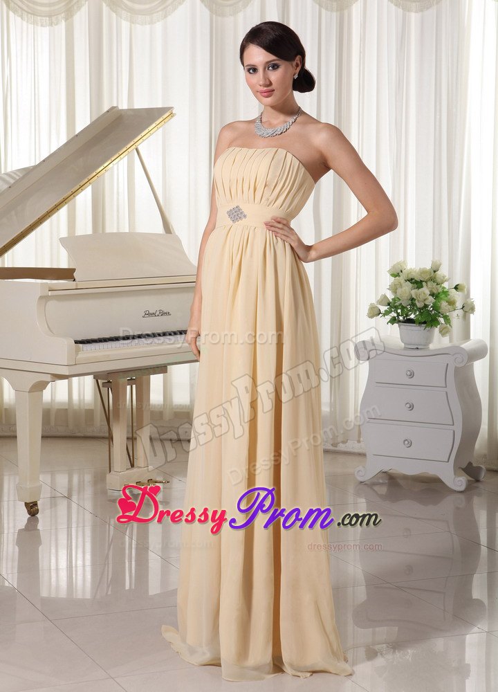 Discount Champagne Ruched Chiffon Dress for Prom with Beading
