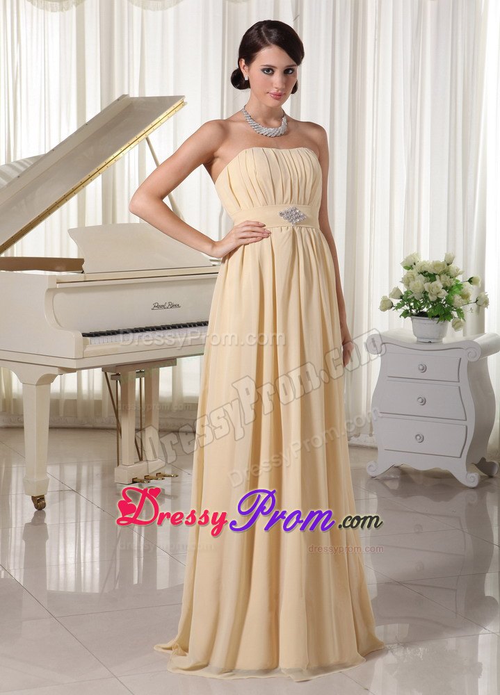 Discount Champagne Ruched Chiffon Dress for Prom with Beading