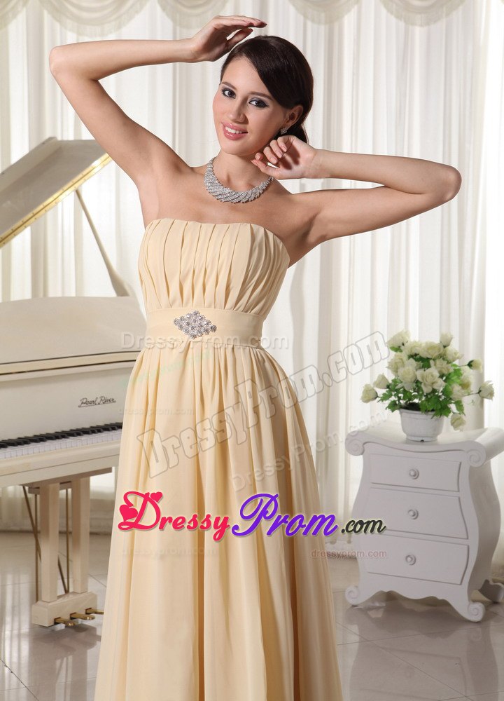 Discount Champagne Ruched Chiffon Dress for Prom with Beading