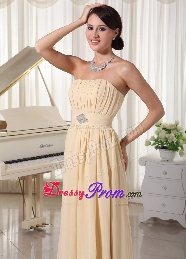 Discount Champagne Ruched Chiffon Dress for Prom with Beading