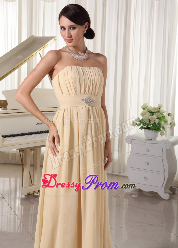 Discount Champagne Ruched Chiffon Dress for Prom with Beading
