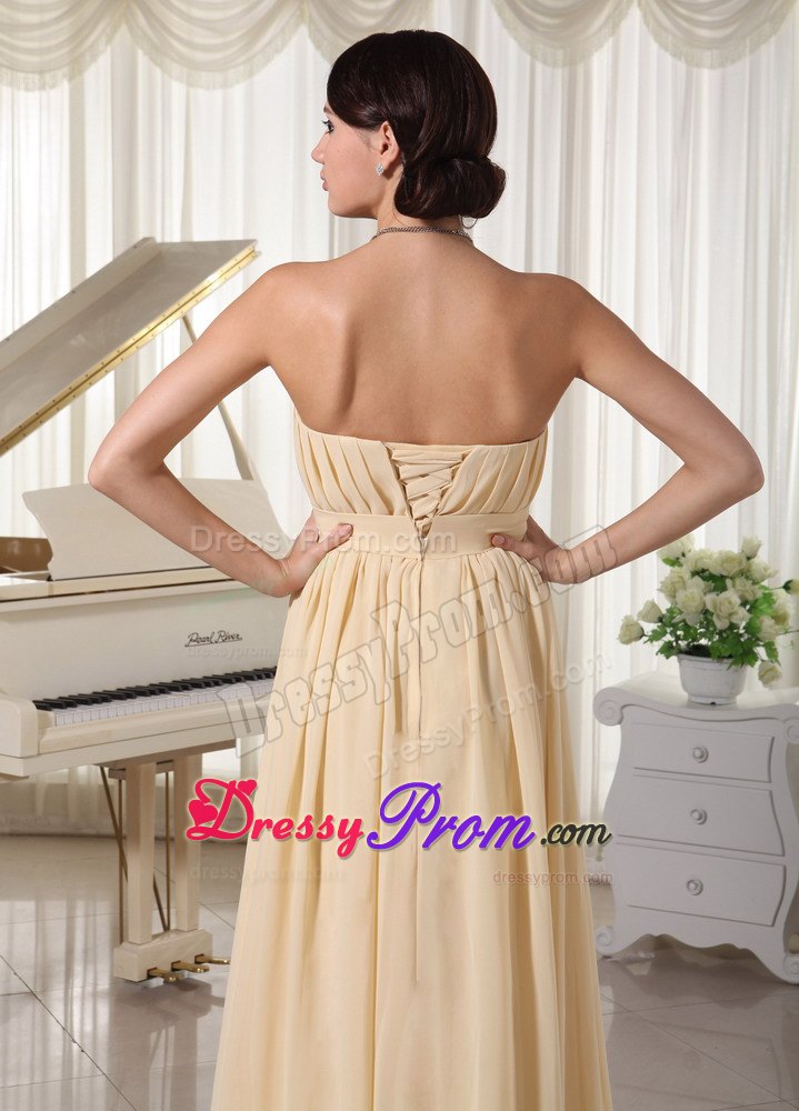 Discount Champagne Ruched Chiffon Dress for Prom with Beading