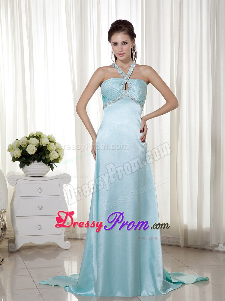 Empire Halter Brush Train Elastic Woven Satin Beading Prom Dress