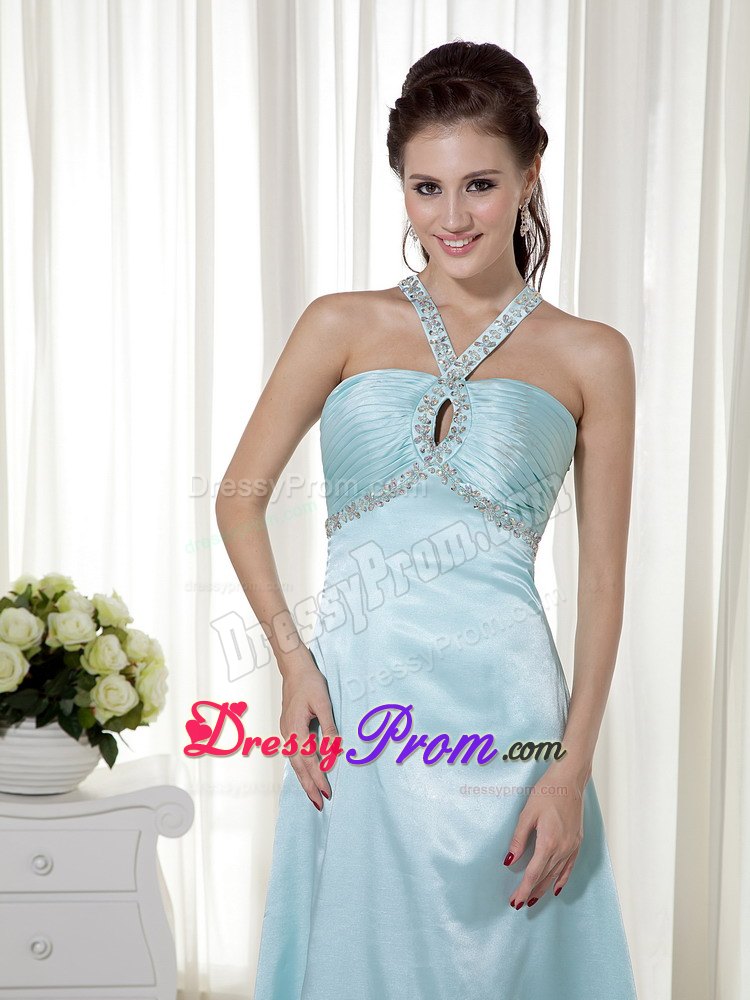 Empire Halter Brush Train Elastic Woven Satin Beading Prom Dress
