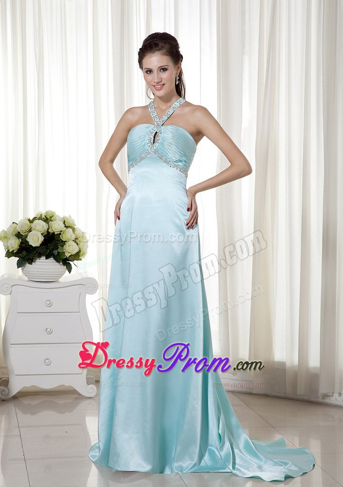 Empire Halter Brush Train Elastic Woven Satin Beading Prom Dress
