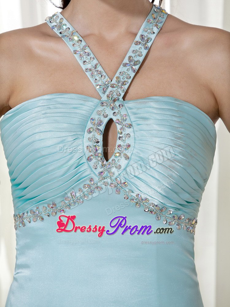Empire Halter Brush Train Elastic Woven Satin Beading Prom Dress