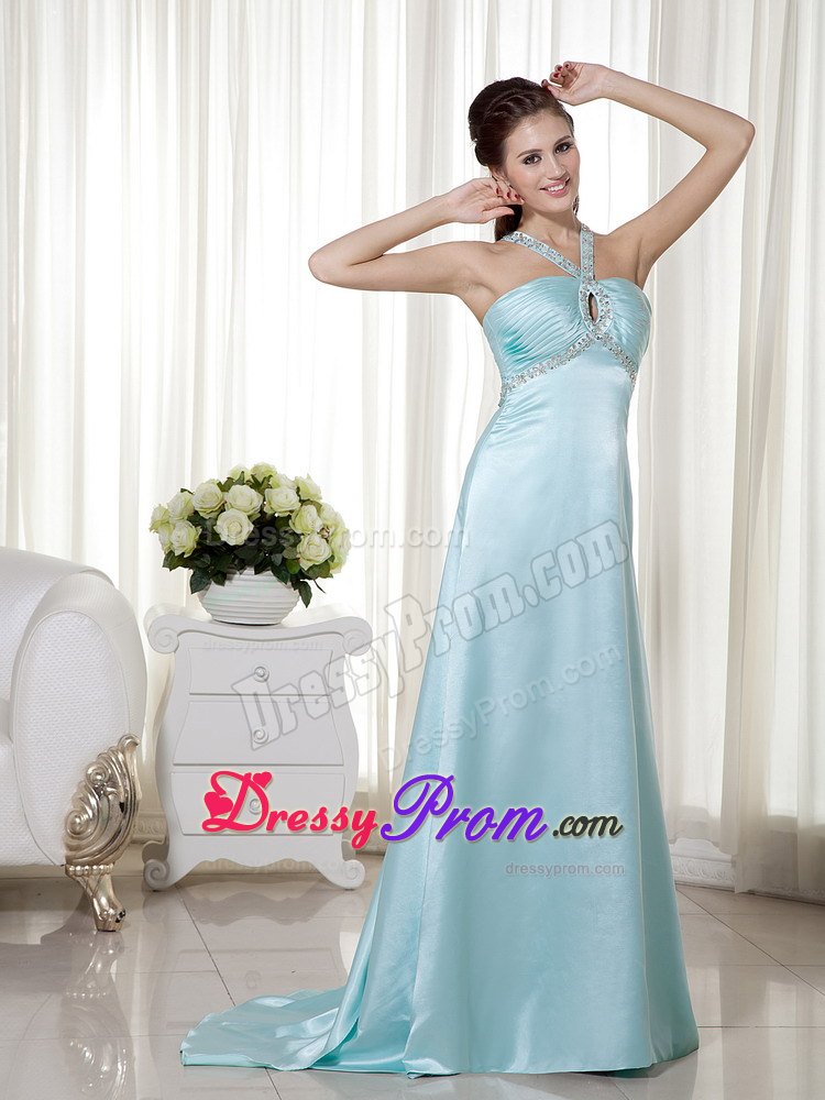 Empire Halter Brush Train Elastic Woven Satin Beading Prom Dress