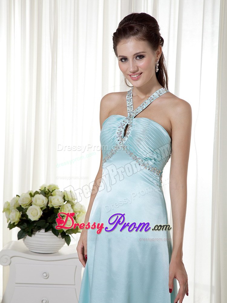 Empire Halter Brush Train Elastic Woven Satin Beading Prom Dress