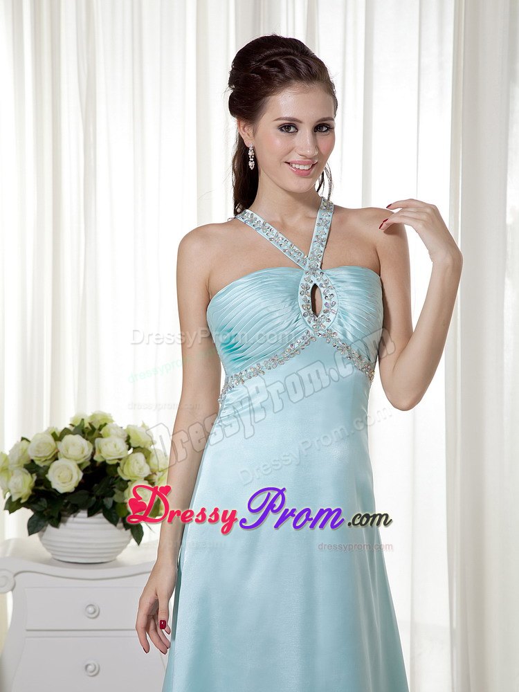 Empire Halter Brush Train Elastic Woven Satin Beading Prom Dress