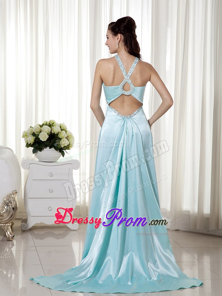 Empire Halter Brush Train Elastic Woven Satin Beading Prom Dress