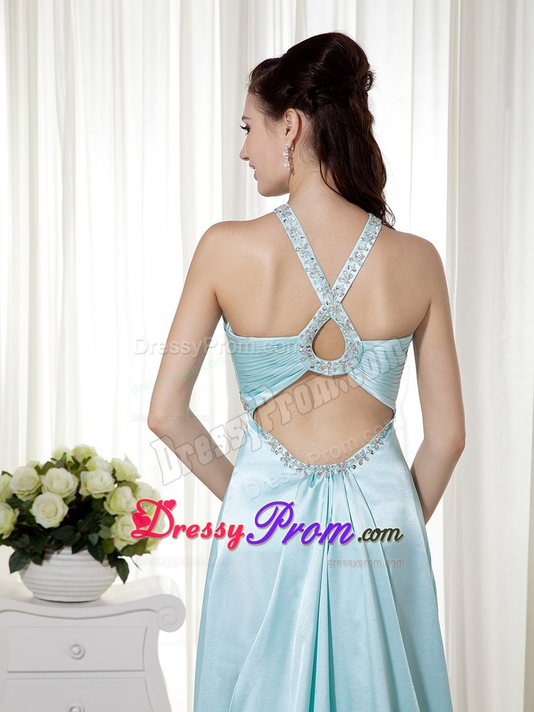 Empire Halter Brush Train Elastic Woven Satin Beading Prom Dress