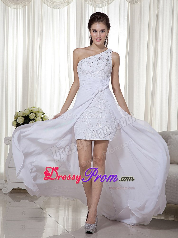 White One Shoulder High-low Chiffon Beading Prom Gown